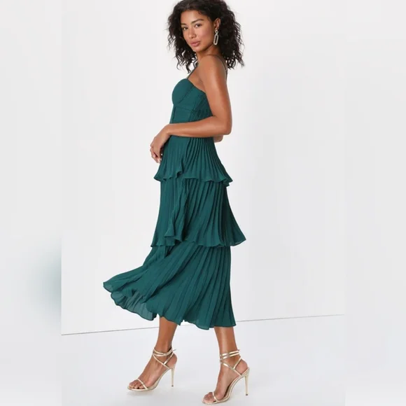 #184 Lulus Cascading Crush Emerald Tiered Bustier Midi Dress - Picture 3 of 4